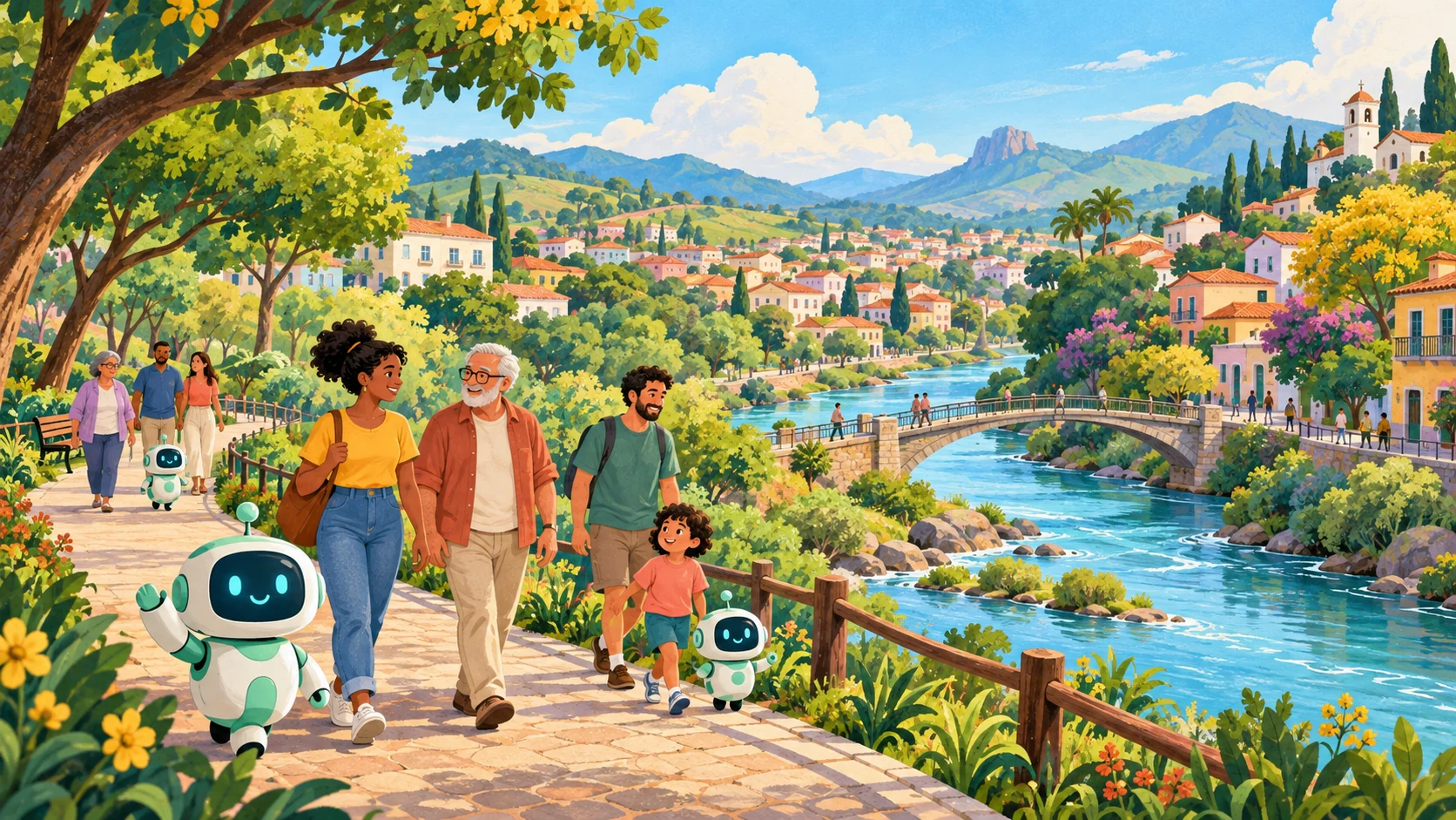 Cidade ilustrada com árvores, um rio, pessoas e pequenos robôs caminhando juntos.